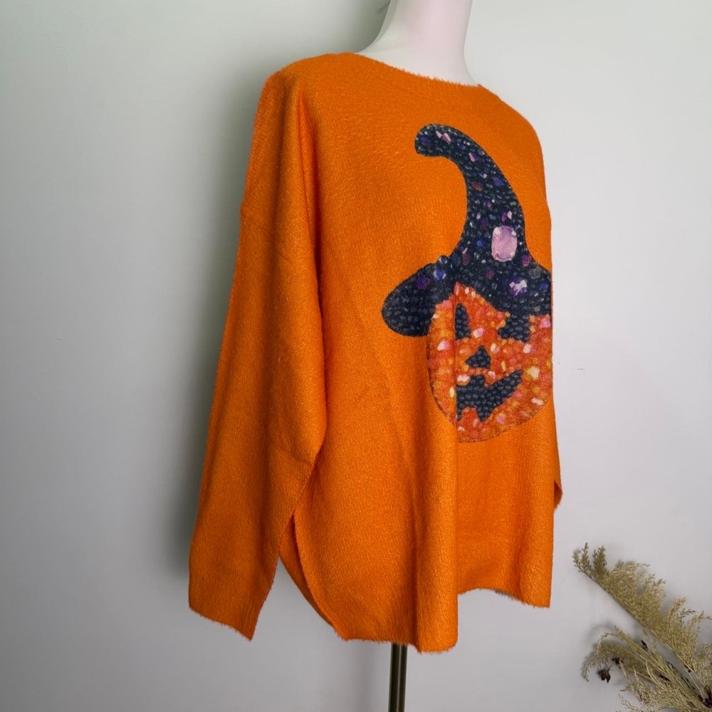 Halloween Witch Hat Pumpkin Knit Oversized Sweater Size L - Picture 2 of 6